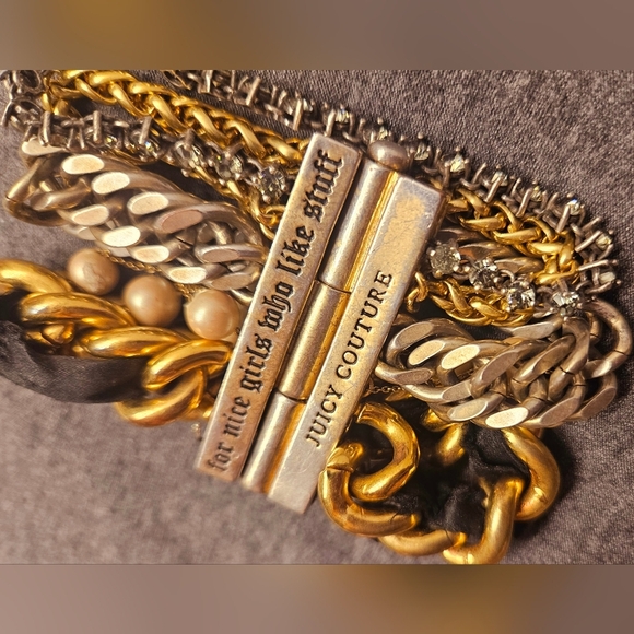 Juicy Couture Gold Multiple Bangle Bracelet Multi Strand Pearl Pave Black Ribbon - Picture 4 of 13